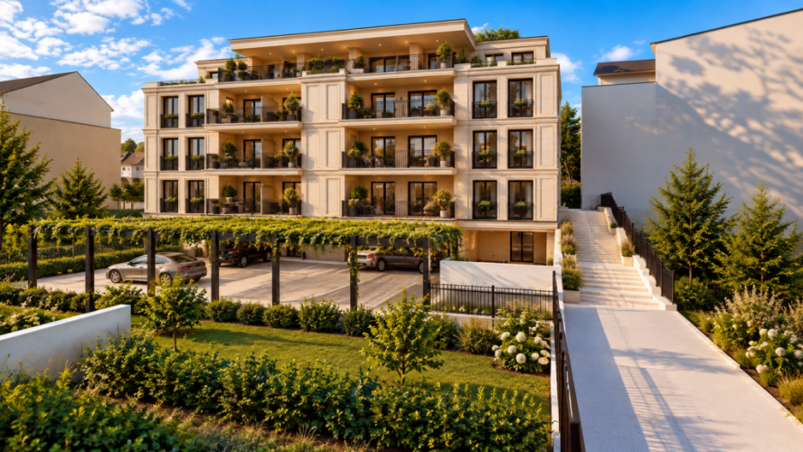 Luxuriöses Apartmenthaus mit grünen Balkonen Luxuriöses Apartmenthaus mit grünen Balkonen